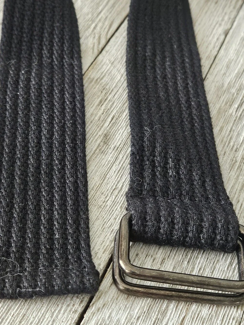 Black Woven Cotton Canvas Web Belt with Metal Double Ring Buckles .Measures 1.5